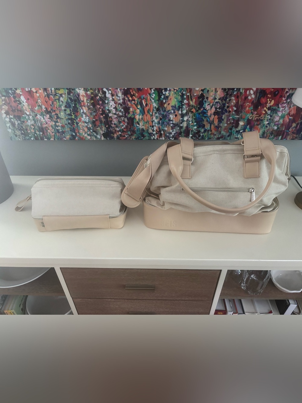 BEIS mini weekender and Dopp kit in beige